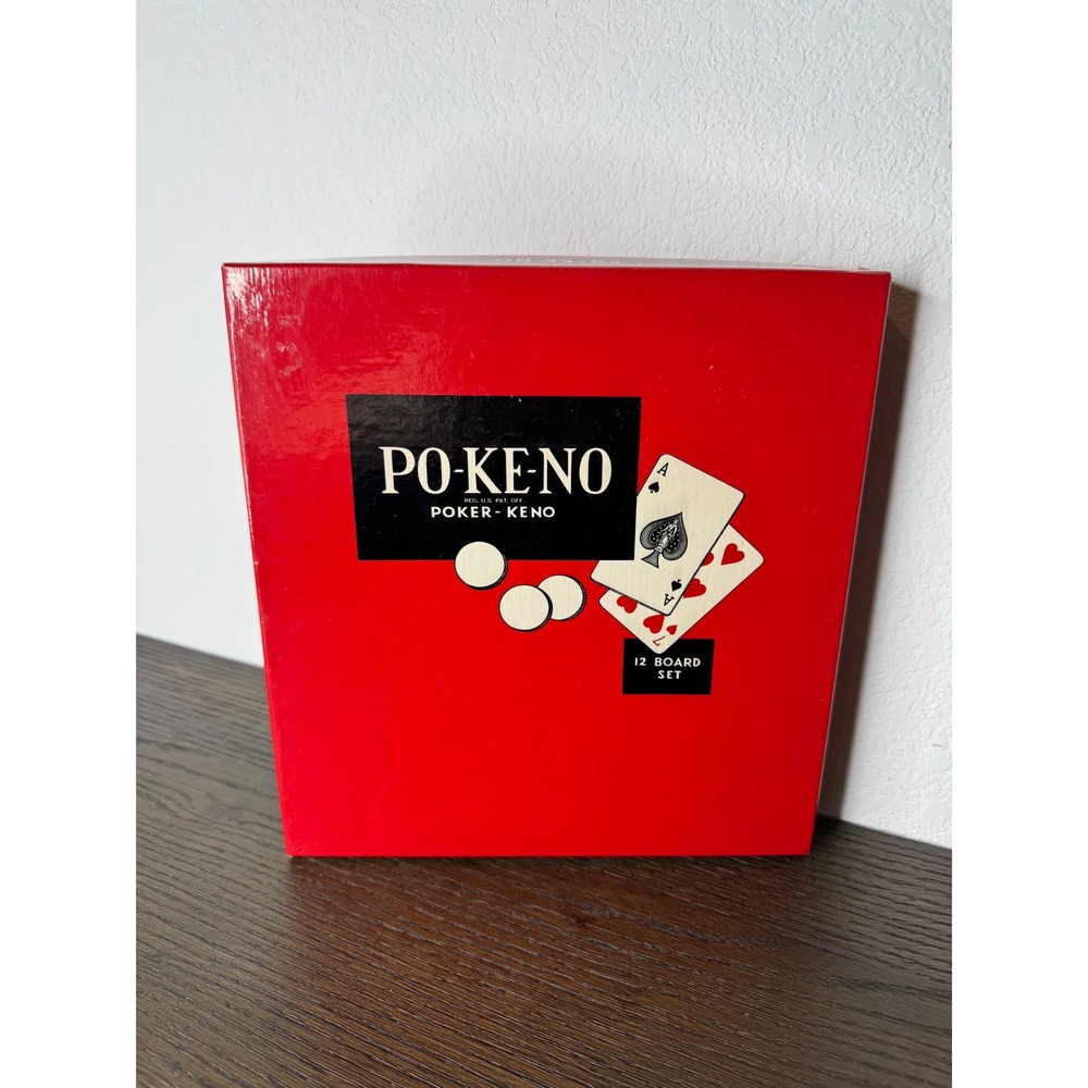 Vintage Po-Ke-No Poker Keno Game 12 Board Set with Red Chips and Original Box